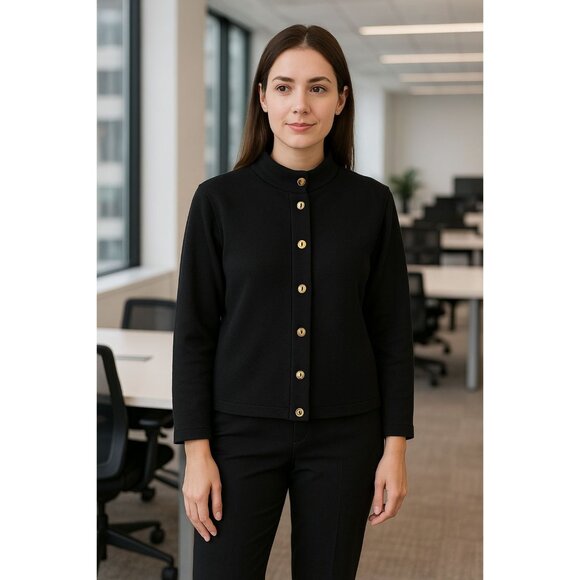 St. John Sport Black Cotton Sweater Gold Twist lock Buttons Mandarin Collar Sz M - Picture 1 of 12